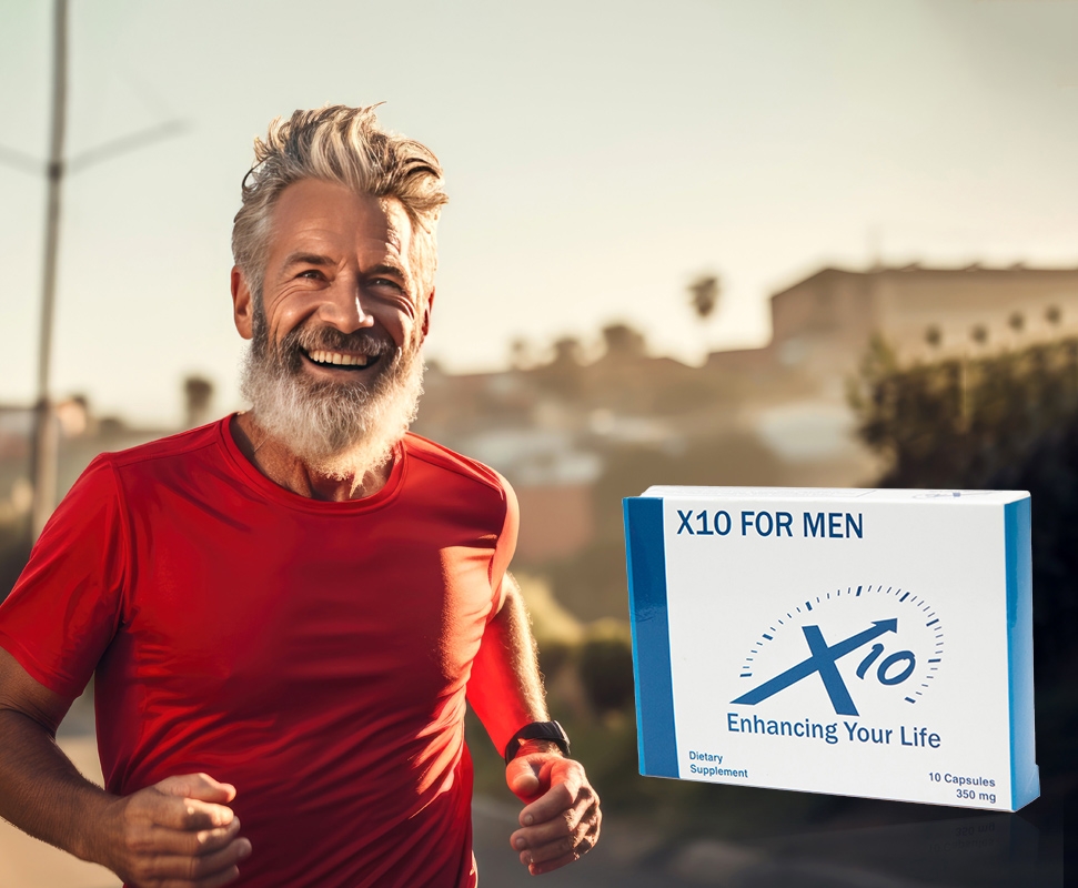 A fit, smiling man running outdoors in a red shirt, showcasing vitality, strength, and energy - the ultimate result of X10 Pill for natural male enhancement and performance boost
